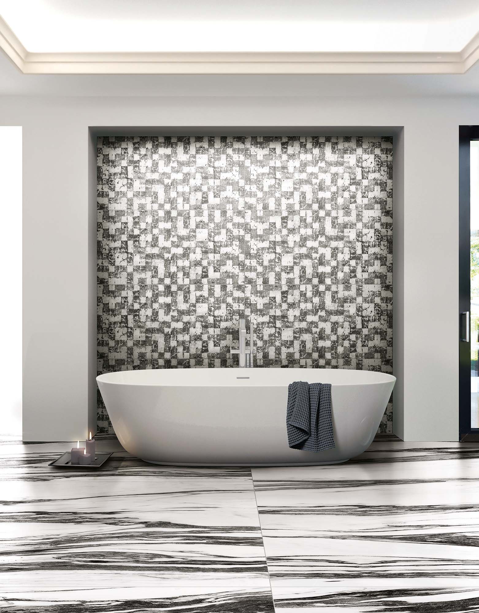 Floor-Gres-Black-White-Marble-Fall-Glossy-3x3-Mosaic-Roomscene Floor-Gres-Black-White-Marble-Fall-Glossy-3x3-Mosaic-Roomscene