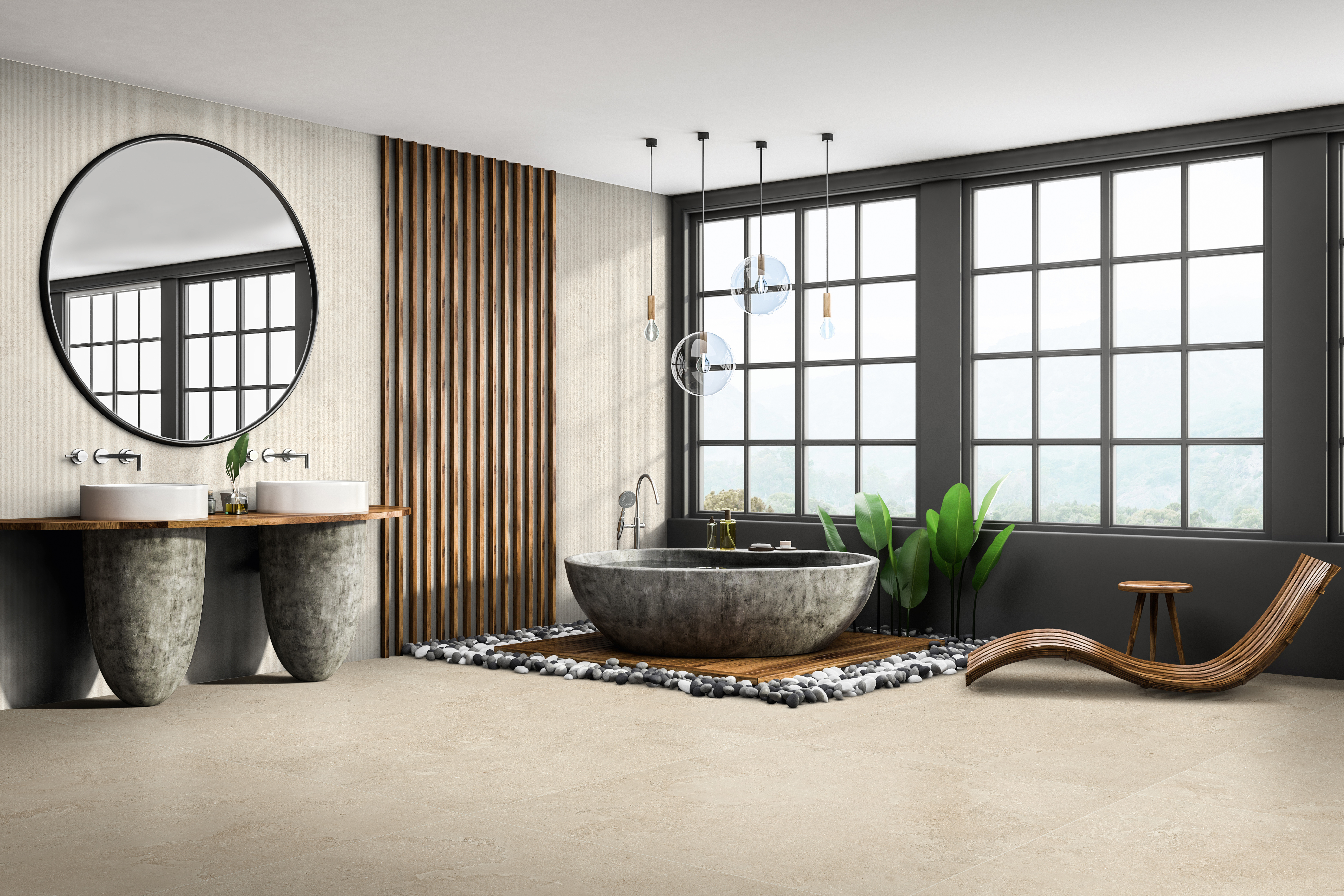 Milestone_EcoStone_Fog_Flute-Deco_48x110_Wall_Jute_Cross-Cut_48x48_Floor_Roomscene Milestone_EcoStone_Fog_Flute-Deco_48x110_Wall_Jute_Cross-Cut_48x48_Floor_Roomscene