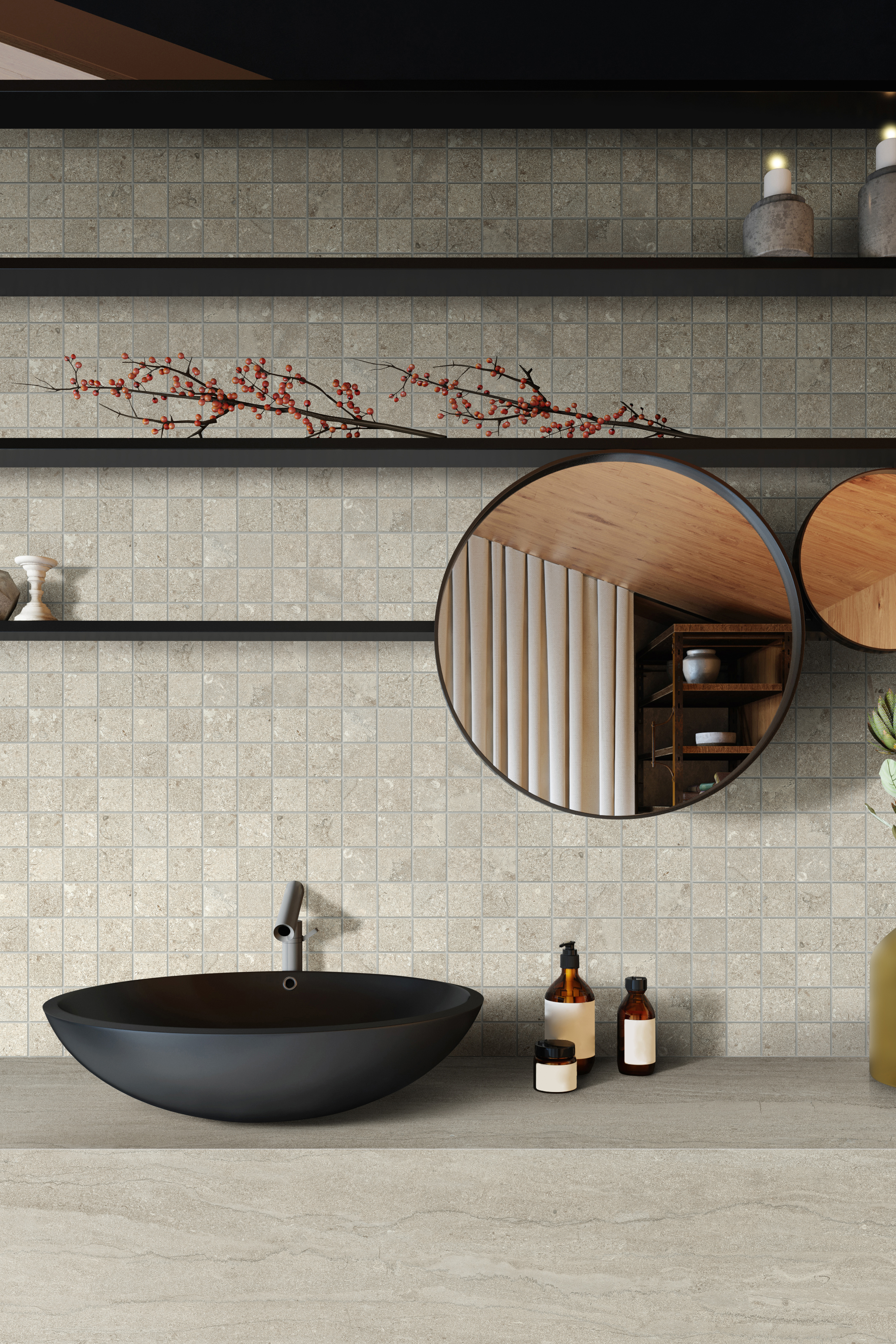 Milestone_EcoStone_Mist_Cross-Cut_2x2-Mosaic_Wall_Mist_Vein-Cut_48x110_Countertop_Roomscene Milestone_EcoStone_Mist_Cross-Cut_2x2-Mosaic_Wall_Mist_Vein-Cut_48x110_Countertop_Roomscene