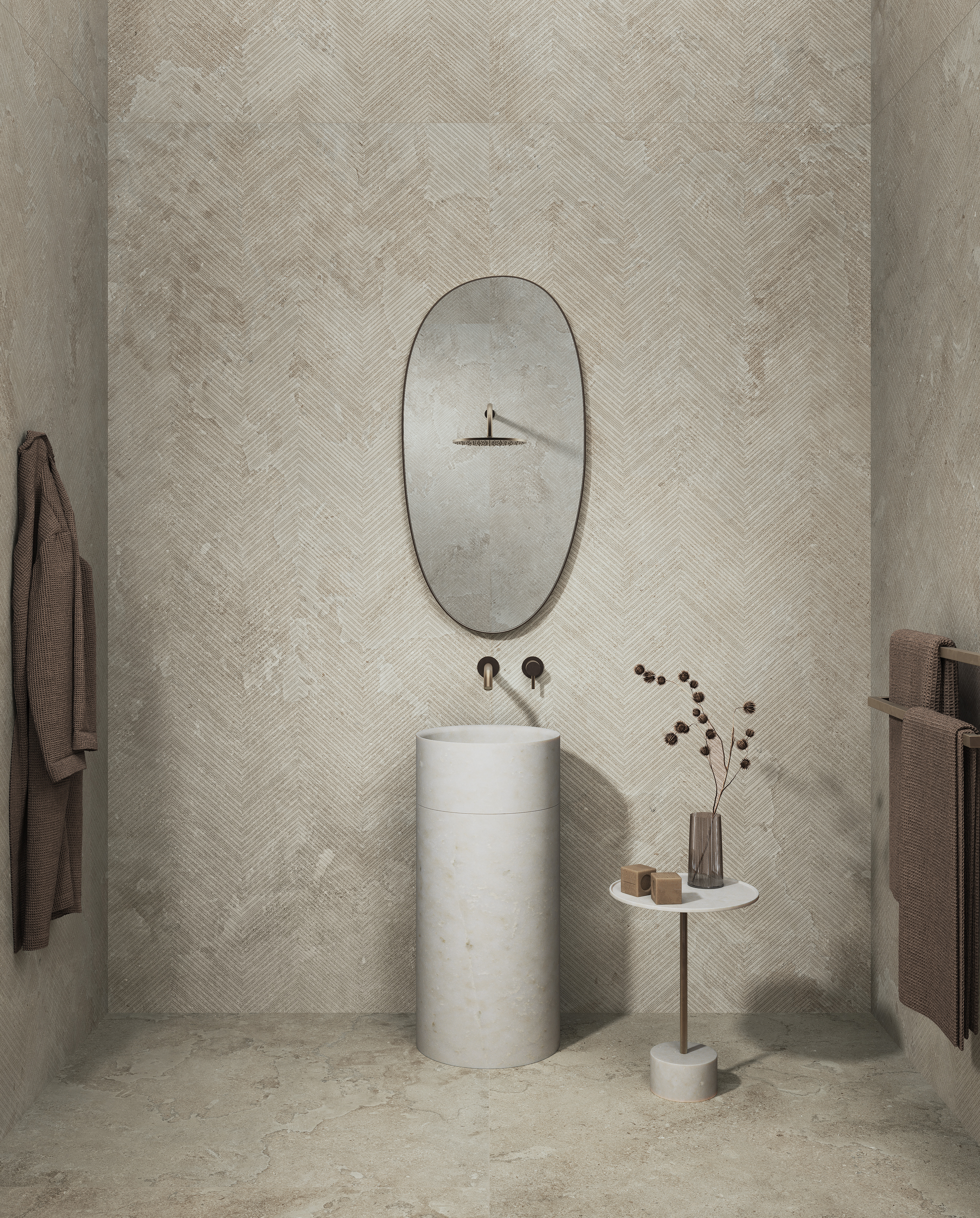 Milestone_EcoStone_Mist_Cross-Cut_Chevron-Deco_48x110_Wall_Mist_Cross-Cut_48x48_Floor_Roomscene Milestone_EcoStone_Mist_Cross-Cut_Chevron-Deco_48x110_Wall_Mist_Cross-Cut_48x48_Floor_Roomscene