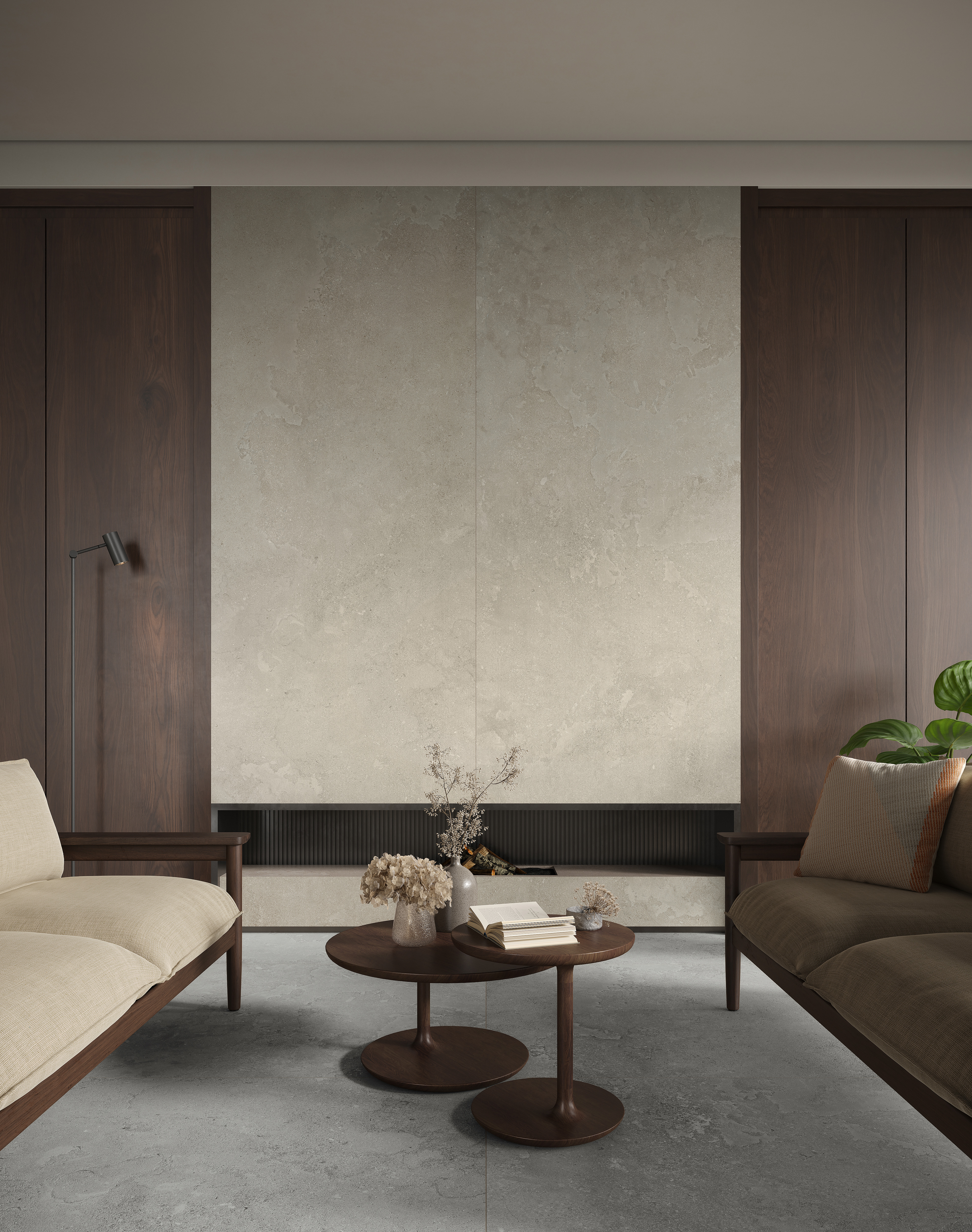 Milestone_EcoStone_Mist_Cross-Cut_Flute-Deco_48x110_Wall_Fossil_Cross-Cut_48x48_Floor_Roomscene Milestone_EcoStone_Mist_Cross-Cut_Flute-Deco_48x110_Wall_Fossil_Cross-Cut_48x48_Floor_Roomscene