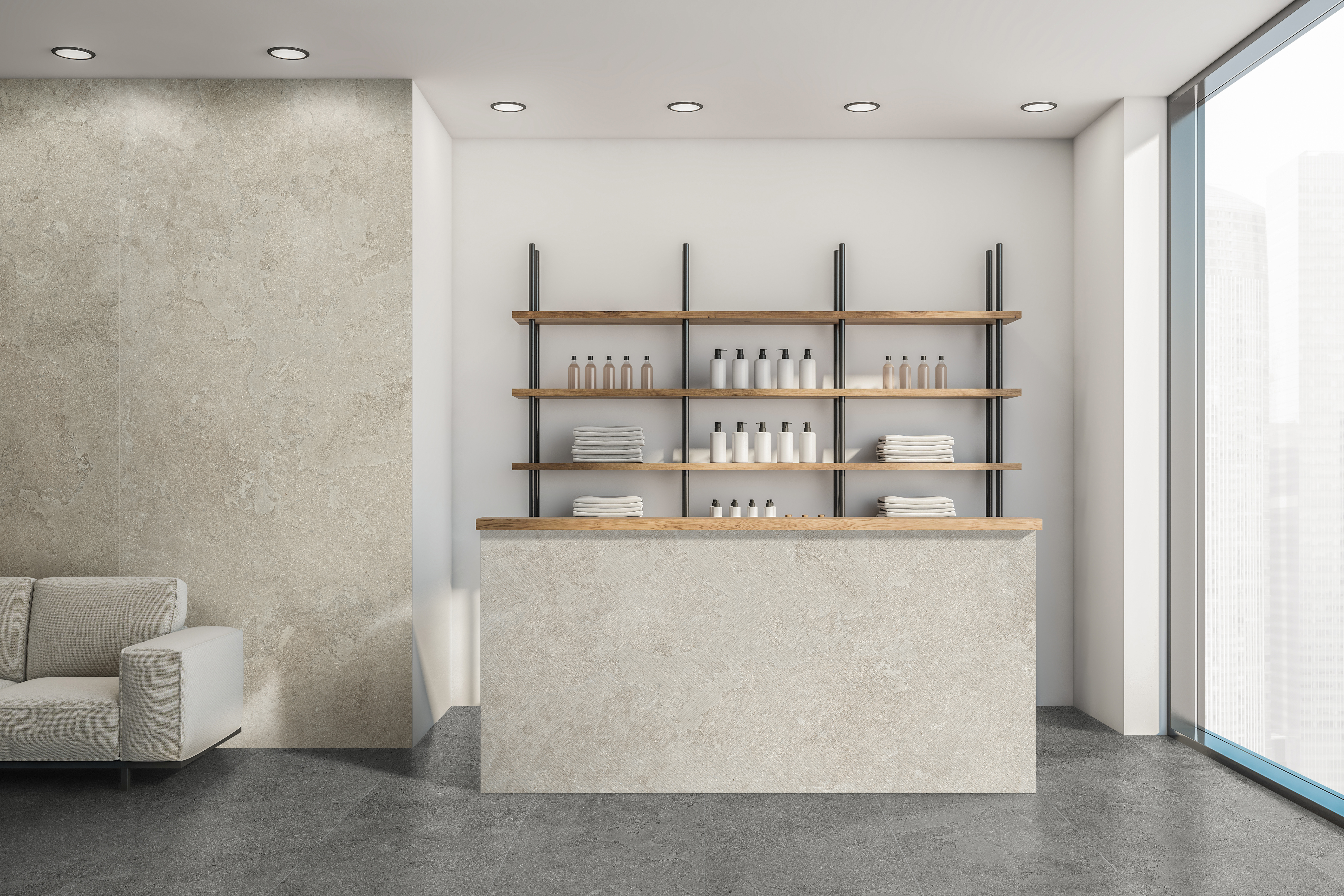 Milestone_EcoStone_Pumice_Cross-Cut_24x48_Floor_Mist_Cross-Cut_48x110_Wall_Roomscene Milestone_EcoStone_Pumice_Cross-Cut_24x48_Floor_Mist_Cross-Cut_48x110_Wall_Roomscene