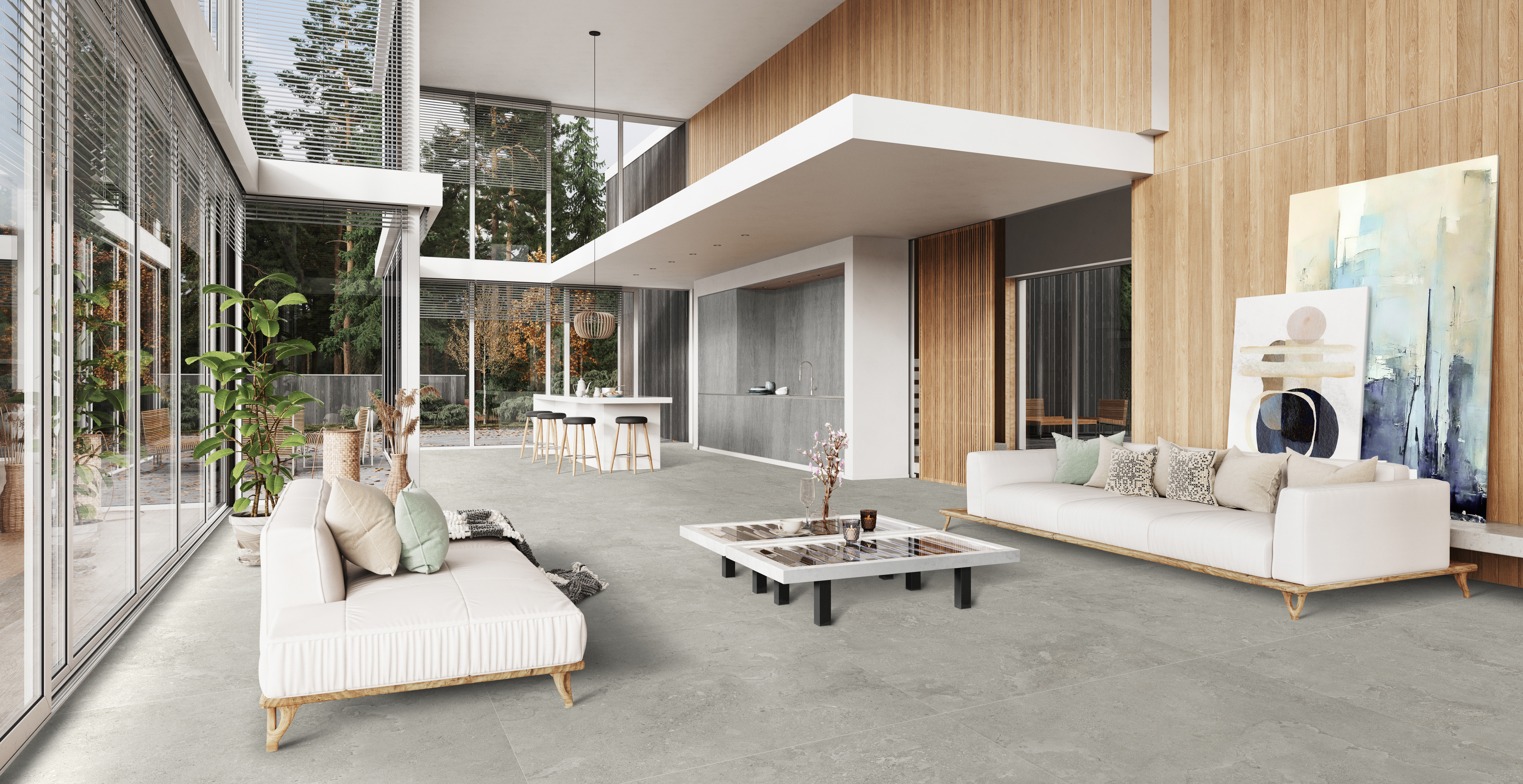 Milestone_EcoStone_Pumice_Vein-Cut_48x110_Wall_Fossil_Cross-Cut_48x48_Floor_Roomscene Milestone_EcoStone_Pumice_Vein-Cut_48x110_Wall_Fossil_Cross-Cut_48x48_Floor_Roomscene