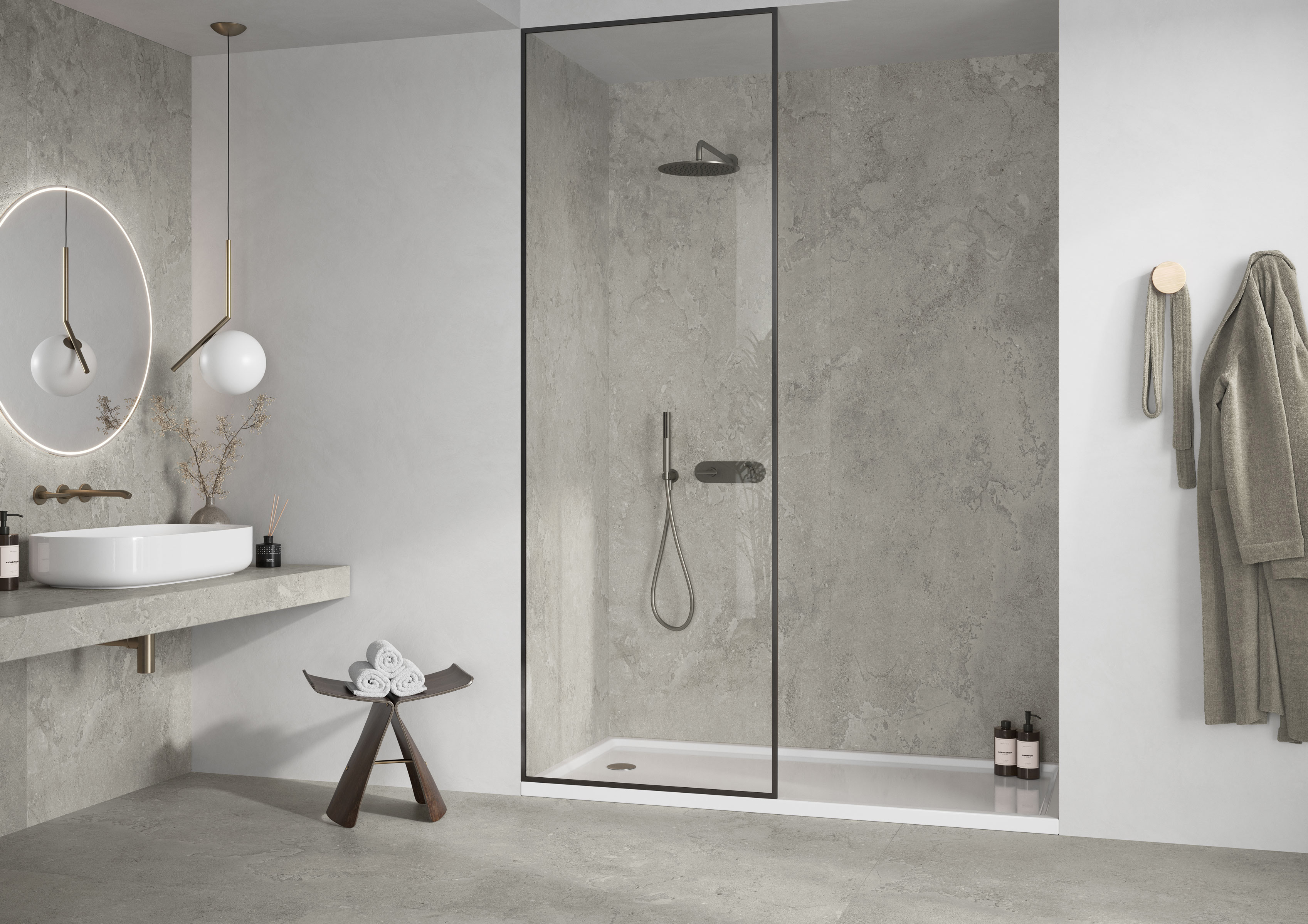 Milestone_EcoStone_Shower_Pre-Fab-32x96_Cross-Cut_Fossil_Floor_Cross-Cut_Fossil_48x48_Roomscene Milestone_EcoStone_Shower_Pre-Fab-32x96_Cross-Cut_Fossil_Floor_Cross-Cut_Fossil_48x48_Roomscene